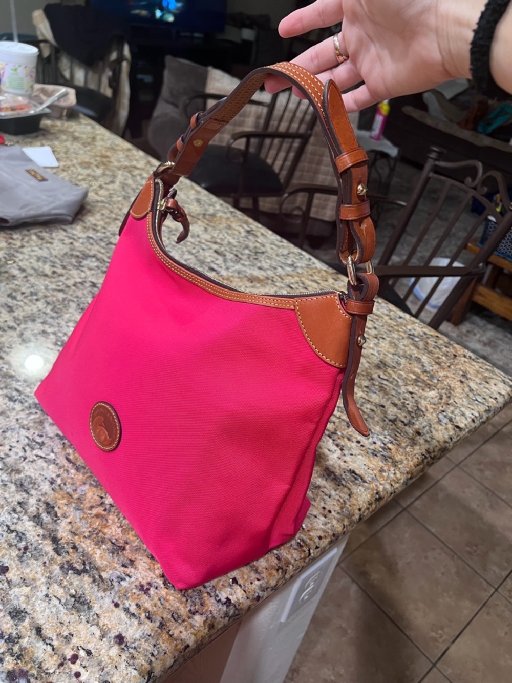 Dooney & Bourke Bright Pink Nylon Hobo with Brown Leather Trim - Picture 5 of 12